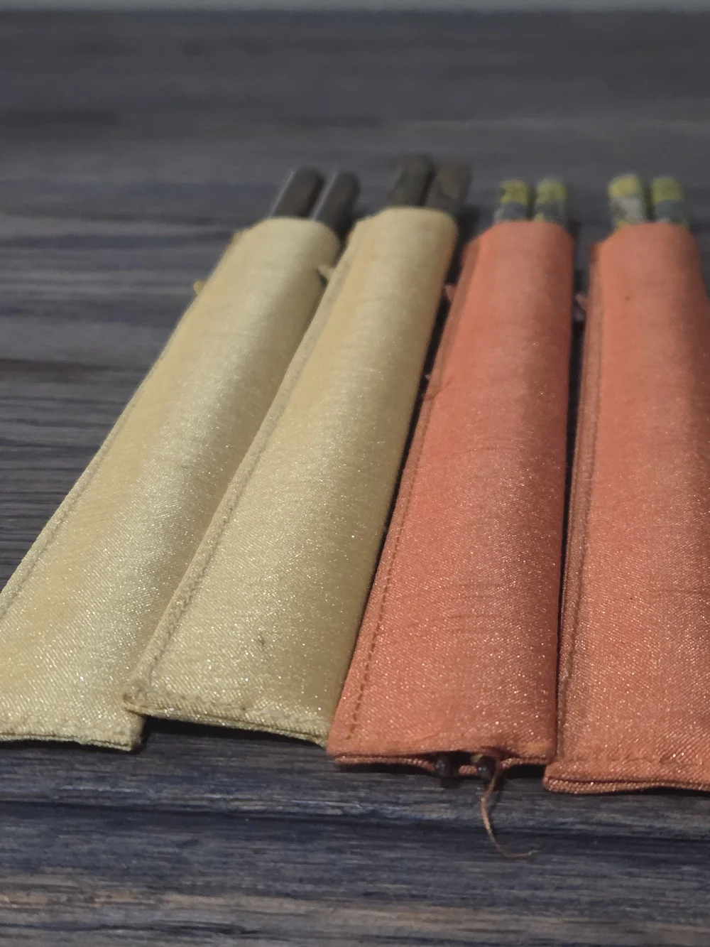 Korean Wooden Chopsticks Set Of 4 w/ Satin Sleeves - Gold & Orange